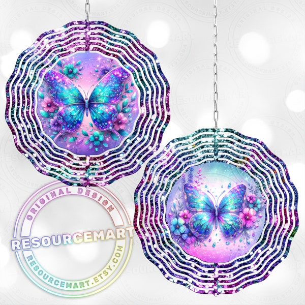 Pair of Sparkly Butterfly Wind Spinner Sublimation Design, digital download, 10 in double sided light catching colorful outdoor garden decor