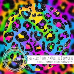 May include: A circular digital graphic featuring a vibrant rainbow leopard print pattern with black spots containing white speckles. The text reads: Seamless Pattern • Digital Download. View All Images Before Purchase →. RESOURCEMART.ETSY.COM.