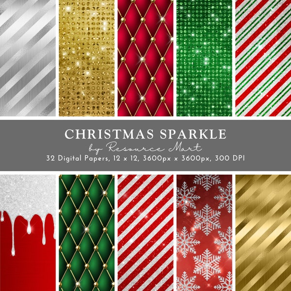 Luxury Christmas Digital Paper Pack, seamless glitter foil printable scrapbook winter background, Xmas journal, invitations, print on demand