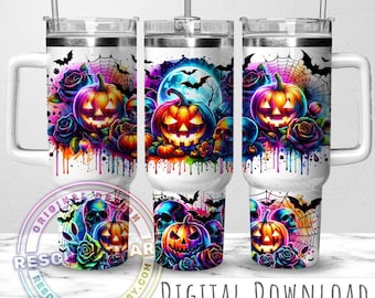 Design de embalagem de copo de 40 onças sem costura de Halloween, caveiras neon, abóboras, rosas, copo Stanley de 40 onças, sublimação PNG, copo com alça de temporada assustadora