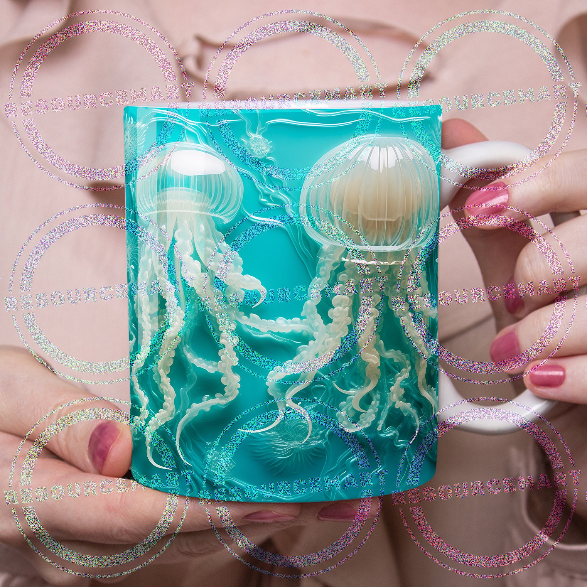 3D Jellyfish Mug Wrap, 11oz 12 Oz 15 Oz Tropical Coffee Cup Png