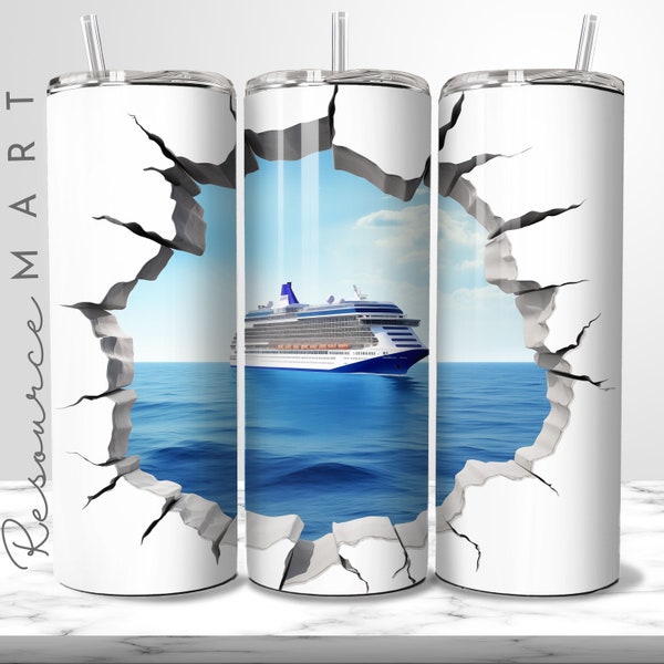 3D Cruise Ship Tumbler Wrap PNG, 20 oz straight + tapered summer vacation png, skinny sublimation press tumbler template, customizable cup