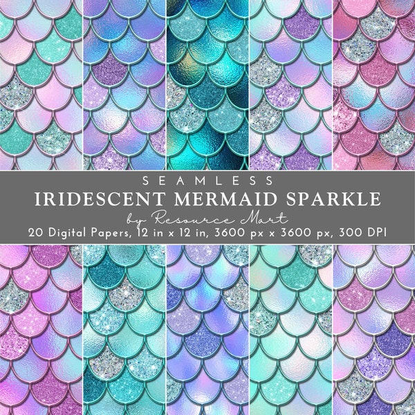 Glittery Iridescent Seamless Mermaid Scales Digital Paper, holographic printable scrapbook pattern background texture print on demand