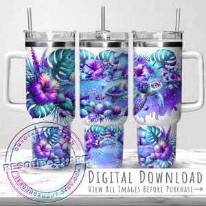 Tropical Sea Turtle 40oz Tumbler Wrap Design, 40 ounce stanley cup, summer quencher sublimation press 40 oz handle colorful purple png