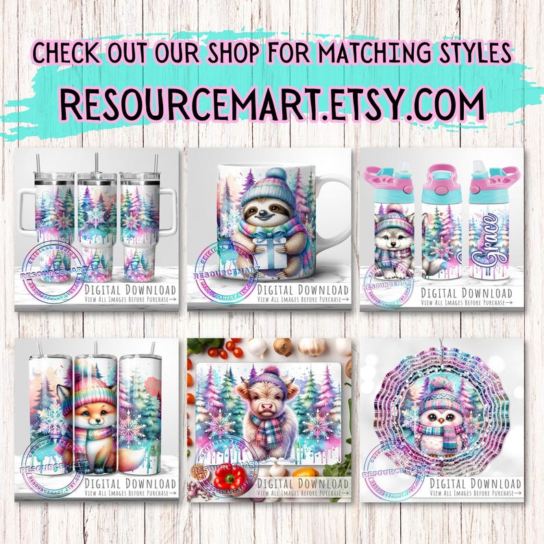 Winter Deer With Pastel Pine Trees & Snowflakes 40oz Tumbler Wrap Sublimation Design, cute baby doe Christmas 40 oz ounce handle stanley cup image 5