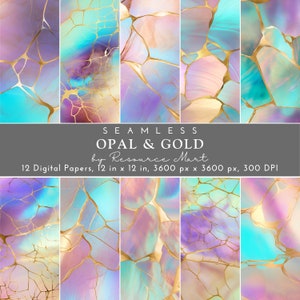 Irisierendes Opal & Gold Digital Papier, luxuriöse nahtlose Texturen, holografische Scrapbook Seiten, Muster, Hintergrundtapete, Print on Demand