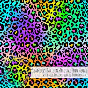 Motivo senza cuciture con leopardo al neon, design a sublimazione, stampa estiva, file digitale in carta con macchie di ghepardo arcobaleno in stile anni '80 e '90, png sfumato colorato immagine 2