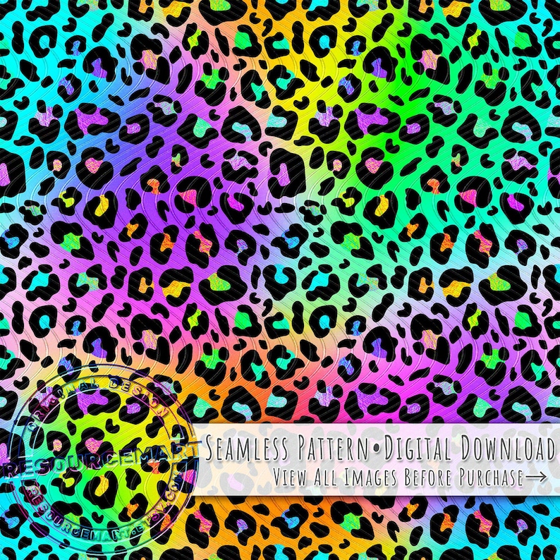 Motivo senza cuciture con leopardo al neon, design a sublimazione, stampa estiva, file digitale in carta con macchie di ghepardo arcobaleno in stile anni '80 e '90, png sfumato colorato immagine 2