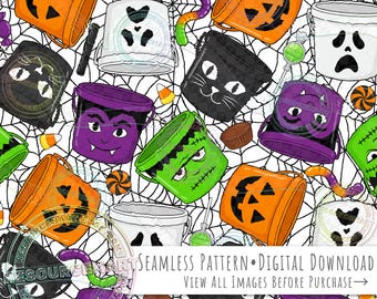 Halloween Trick or Treat Seamless Pattern, spooky horror retro candy pails buckets on white background seamless file digital paper