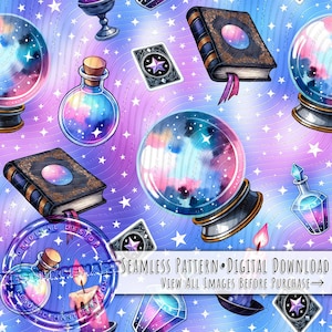 Nahtloses Pastell-Magie-Muster, hexenhaftes Sublimationsdesign, Halloween-Digitaldownload, farbenfroher Pastell-Gothic-Stoffdruck, praktische Magie