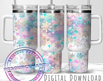 Pastel Winter Snowflakes 40oz Tumbler Wrap Design, cute colorful winter Christmas season 40 oz ounce handle stanley cup sublimation png