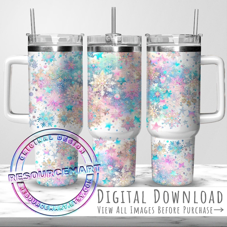 Pastel Winter Snowflakes 40oz Tumbler Wrap Design, cute colorful winter Christmas season 40 oz ounce handle stanley cup sublimation png image 1