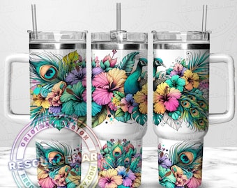 Bicchiere da 40 once con motivo a pavone tropicale, pressa a sublimazione Stanley Cup da 40 once, manico da 40 once, estate hawaiana colorata png