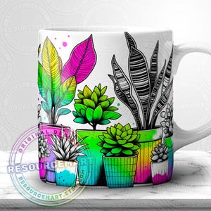Diseño de envoltura para taza con plantas de interior, plantilla de sublimación de 11 oz, 12 oz y 15 oz, prensa para taza de café DIY para mamá con plantas de 11 oz, 12 oz y 15 oz, png neón colorido