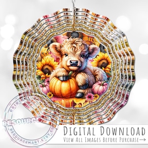 Herfst windmolentje met baby Schotse hooglandkoe, sublimatieontwerp, digitale download, roze pompoenen en zonnebloemen, 10 inch windmolentje png