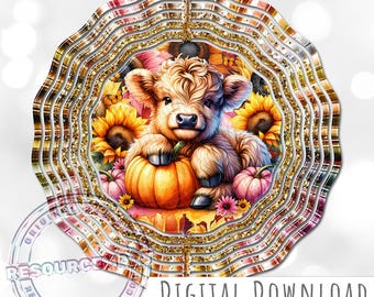 Fall Baby Highland Cow Wind Spinner Sublimation Design, digital download, autumn pink pumpkins & sunflowers 10 in windspinner png
