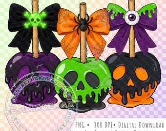 Halloween Candy Apples PNG Design, spooky haunted poison apples with coquette bows graphic for sublimation t-shirt tee shirt