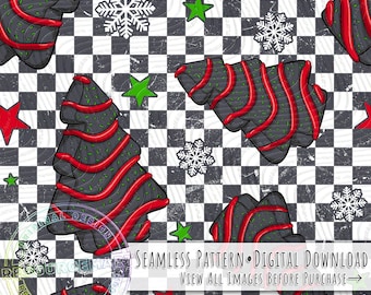 Creepy Little Christmas Seamless Pattern, Goth Checker Print with Xmas Tree Cake Skeletons and Ghosts, Light Grunge Retro Checker Print