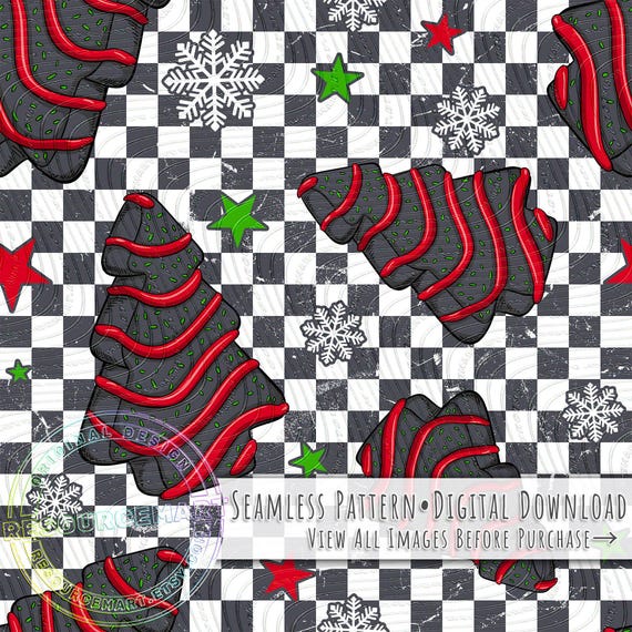 Creepy Little Christmas Seamless Pattern, Goth Checker Print with Xmas Tree Cake Skeletons and Ghosts, Light Grunge Retro Checker Print