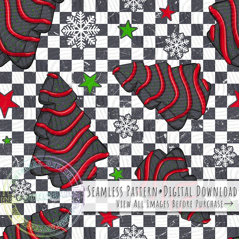 Op de afbeelding: Naadloos patroon met gestileerde kerstbomen in zwart met rode accenten, groene sprinkles, rode sterren, groene sterren en sneeuwvlokken op een zwart-wit geruite achtergrond. De tekst luidt "NAADLOOS PATROON &bull; DIGITALE DOWNLOAD BEKIJK ALLE AFBEELDINGEN VOOR AANKOOP".