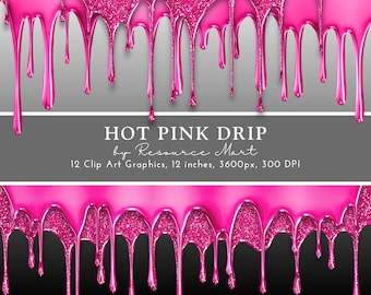 Hot Pink Drip Clip Art, metallic & glittery clip art, luxe glam borders, transparent, png, print on demand, commercial license included