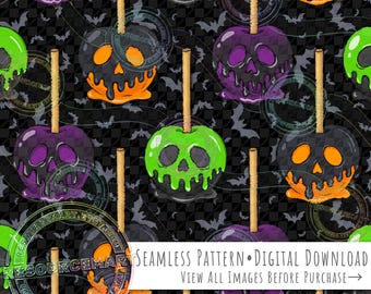 Halloween Candy Apples Seamless Pattern, spooky haunted poison apples on bats print background seamless file digital paper