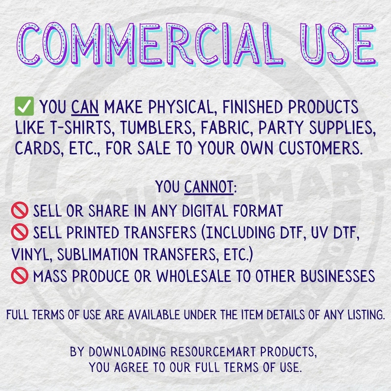text that provides information about commercial use of various products, such as T-shirts, Tumblers, Fabric, Party Supplies, Cards, etc. It also includes a list of prohibited actions, such as selling or sharing in digital formats, printing transfers, and mass production or wholesale to other businesses. The text is written in a clear and concise manner, avoiding redundancy and focusing on the main points.