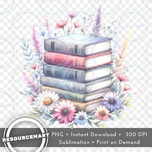 Pastell Bücher & Wildblumen PNG Grafikdatei, Print on Demand, Bücherwurm T-Shirt Design, Buchliebhaber Becher Geschenk libbey Glas kann bei Bedarf drucken