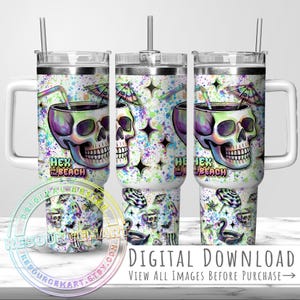 May include: A set of three stainless steel tumblers with a spooky beach theme. Each tumbler features a colorful skull design with the text "Hex on the Beach". The tumblers have a straw and handle, and are decorated with umbrellas, ghosts, and swans.