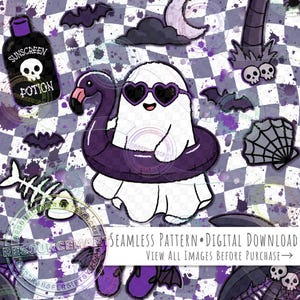 不気味な夏の幽霊シームレスパターン、ゴシック調の幽霊の出るビーチのデジタルペーパー（布地や工芸品用）