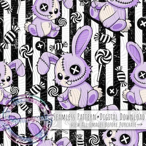 Zombunny sömlöst mönster, goth distressed ränder svartvitt halloween godis, spöklika vibbar sublimeringstryck, läskig söt voodookanin