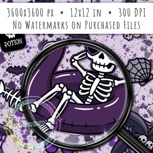 May include: A cartoon skeleton wearing an eye patch relaxes in a purple inner tube, framed by a magnifying glass. The background features Halloween-themed elements like bats, spiderwebs, and skulls. The image text reads "3600x3600 PX &bull; 12x12 IN &bull; 300 DPI" and "NO WATERMARKS ON PURCHASED FILES."