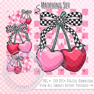 Heart Cherries PNG Design, Valentine's Day Coquette Cherry Retro Checker Bow with Sleeve graphic for sublimation tee shirt sweatshirt