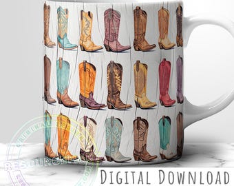 Diseño de botas vaqueras campestres para tazas, plantilla para prensa de tazas de 11 oz, 12 oz y 15 oz, sublimación para tazas de café estilo western, diseño de sublimación de madera boho PNG, impresión bajo demanda (POD).