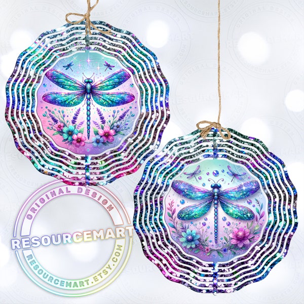 Pair of Sparkly Dragonfly Wind Spinner Sublimation Designs, digital download, 10 inch png, light catching colorful outdoor garden decor