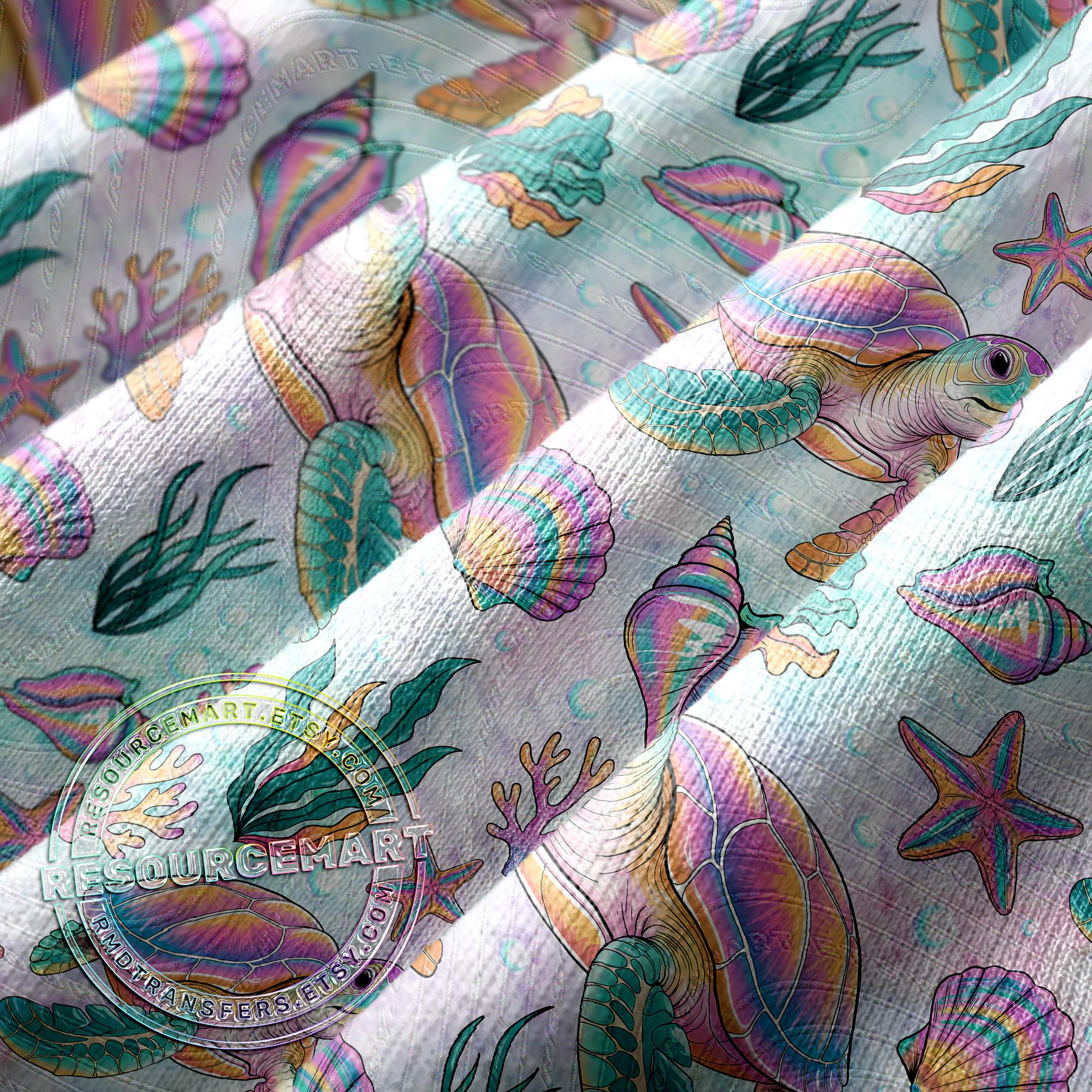 Sea Turtle Seamless Pattern, Pink & Turquoise Beach Seashells Digital ...