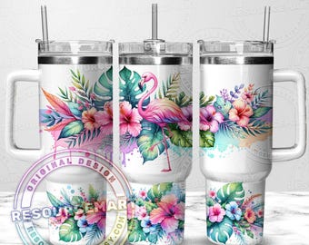 Bicchiere da 40 once con motivo fenicottero rosa tropicale, Stanley Cup da 40 once, pressa a sublimazione Stanley Quencher, manico da 40 once, png estivo colorato