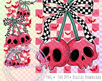 Skull Cherries PNG Design, Halloween Coquette Cherry Retro Checker Bow with Sleeve graphic for sublimation t-shirt tee shirt