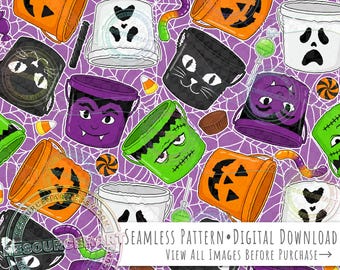 Halloween Trick or Treat Seamless Pattern, spooky horror retro candy pails buckets on purple background seamless file digital paper
