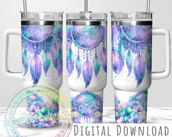 Watercolor Dreamcatcher Seamless 40oz Tumbler Wrap Design, 40 ounce stanley quencher sublimation template, 40 oz summer pastel celestial cup