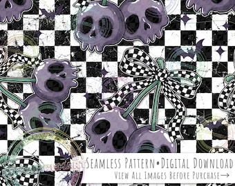 Skull Cherries Seamless Pattern, Charcoal Gray Halloween Coquette Cherry Retro Checker Bow grunge checkerboard seamless file digital paper