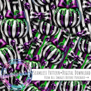 Halloween glitter pumpkins & bows seamless pattern, sparkly goth sublimation design digital download, coquette fabric print, stripes bows