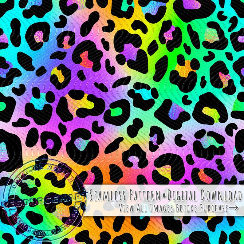 Motivo senza cuciture con leopardo al neon, design a sublimazione, stampa estiva, file digitale in carta con macchie di ghepardo arcobaleno in stile anni '80 e '90, png sfumato colorato immagine 1