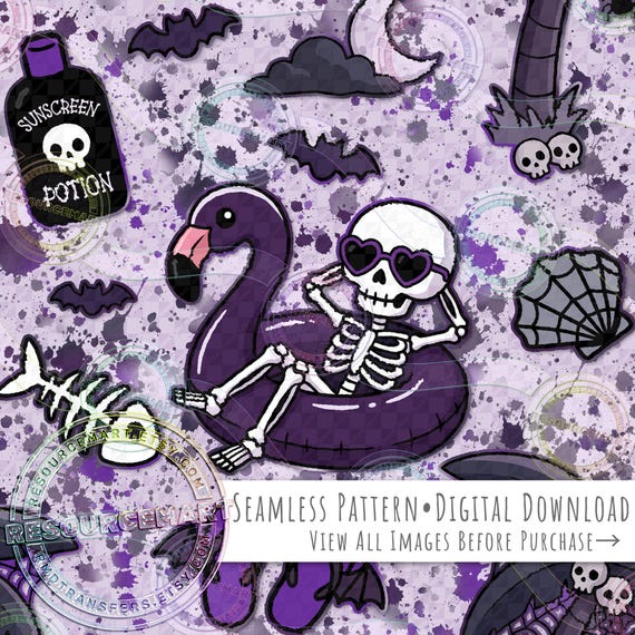 Spooky Summer Skeleton Seamless Pattern, goth haunted beach Digital Paper for Fabric and Crafts