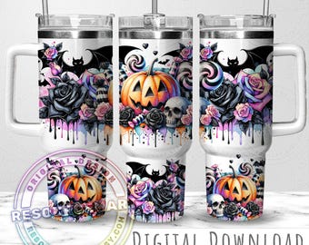 Design de embalagem de copo de 40 onças sem costura de Halloween, caveiras em tons pastel, abóboras, rosas, copo Stanley de 40 onças, sublimação PNG, copo com alça de temporada assustadora