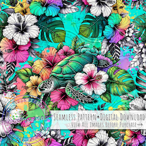 Tropical Sea Turtle seamless pattern, sublimation design digital download file, summer print, turquoise Hawaiian pink hibiscus & monstera