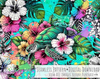 Tropical Sea Turtle seamless pattern, sublimation design digital download file, summer print, turquoise Hawaiian pink hibiscus & monstera