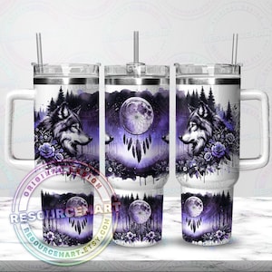 Seamless 40oz Tumbler Wrap Design, 40 ounce stanley quencher handle cup sublimation press, 40 oz grey wolf lavender moon and dreamcatcher