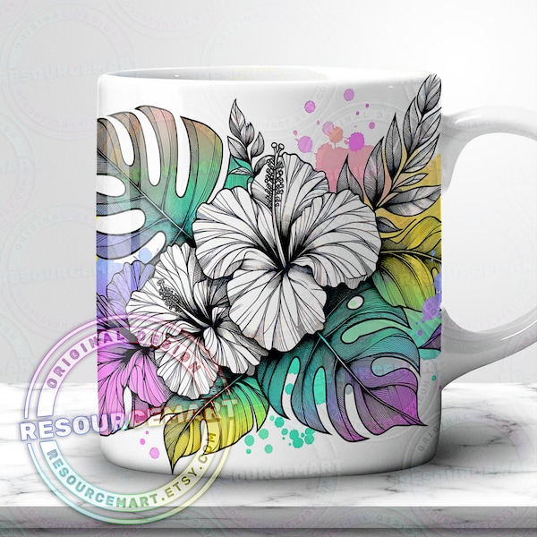 Colorful Tropical Mug Wrap Design, 11oz 12 oz & 15 ounce sublimation template, 11 oz 12oz 15oz summer coffee cup press hibiscus and monstera