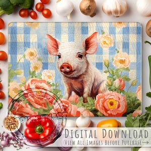 Retro-Bauernhaus-Stil Baby Schwein Glas Schneidebrett Sublimationsentwurf, große Vorlage rosa Blumen & blau Vichy-Karo, kitschigen vintage png